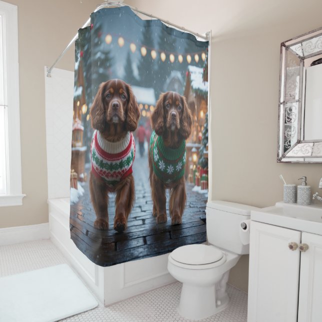 Rideaux De Douche Chiens Spaniel Tibétain Noël Neige Fêtes (En situation)