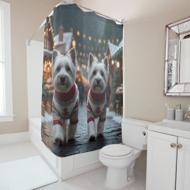 Rideaux De Douche Chiens Terrier Blanc West Highland Noël Neige  (En situation)
