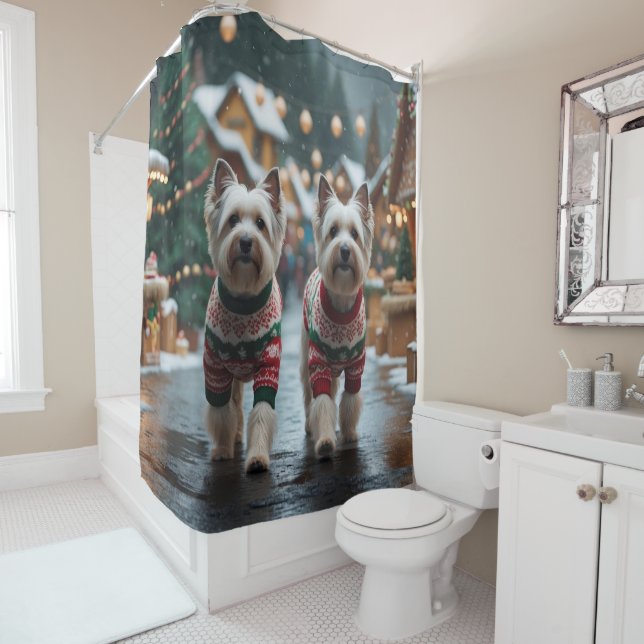 Rideaux De Douche Chiens Terrier Tibétain Noël Neige Vacances (En situation)
