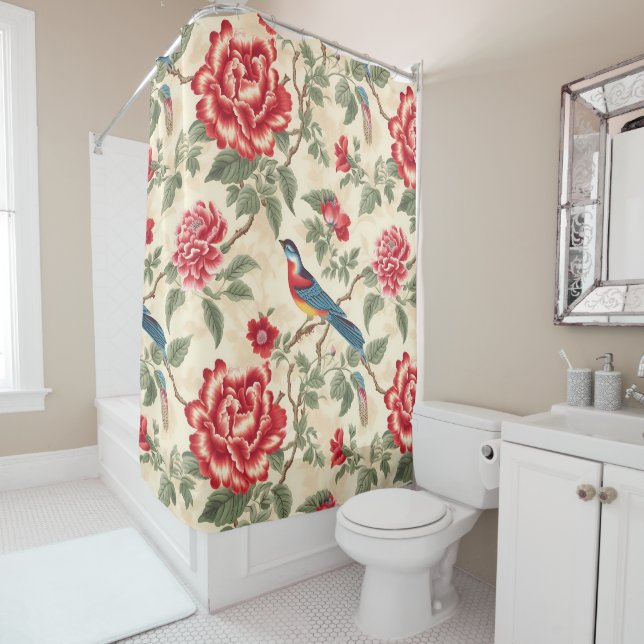 Rideaux De Douche chinoiserie beige vintage (En situation)