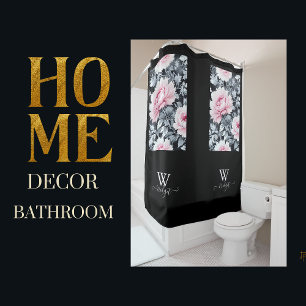 Rideaux De Douche Chinoiserie élégante noire et rose