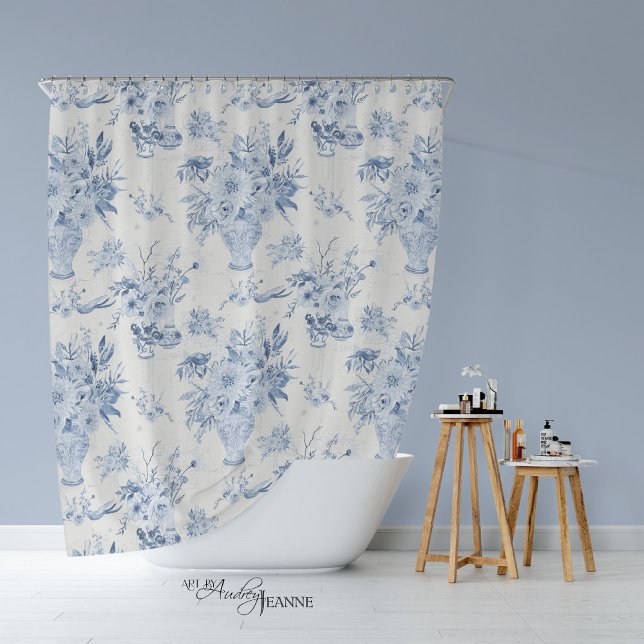 Rideaux De Douche Chinoiserie Floral Vase Peony Bleu Blanc Bain (Blue and White Toile Chinoiserie Flora by Audrey Jeanne)