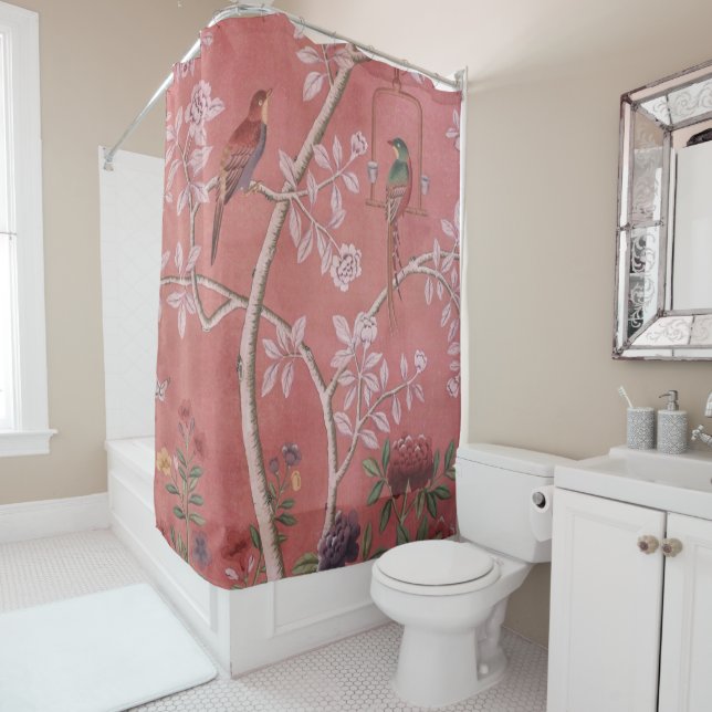 Rideaux De Douche Chinoiserie rose (En situation)
