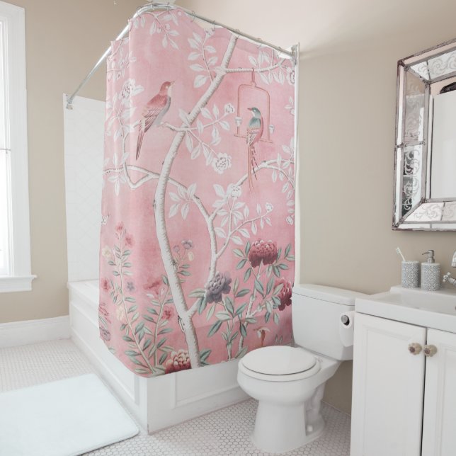 Rideaux De Douche Chinoiserie rose (En situation)