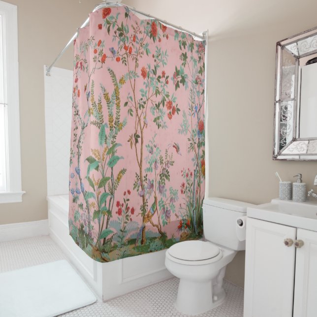 Rideaux De Douche Chinoiserie rose Oiseau Floral Élégant (En situation)