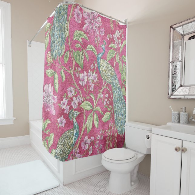 Rideaux De Douche Chinoiserie rose paon floral (En situation)