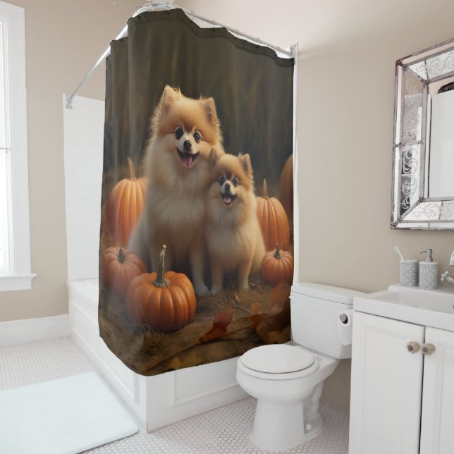 Rideaux De Douche Chiots Poméranie Automne Délice Citrouille (En situation)