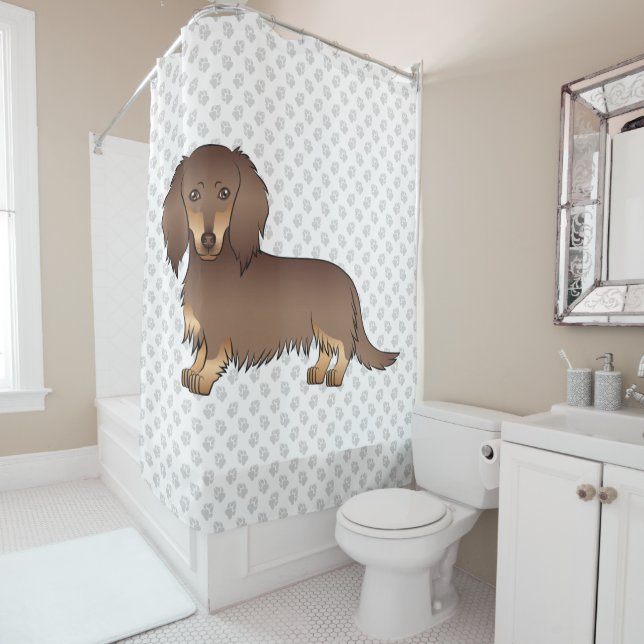 Rideaux De Douche Chocolat & Tan Long Cheveux Dachshund Chien & Pâte (En situation)