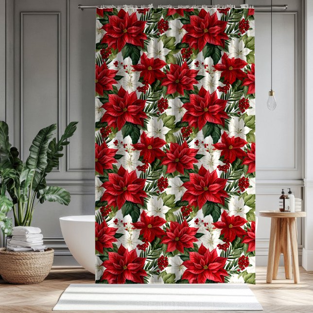 Rideaux De Douche Christmas Bath Curtain Poinsettia Winter Accent (Christmas Bath Curtain Poinsettia Winter Accent)
