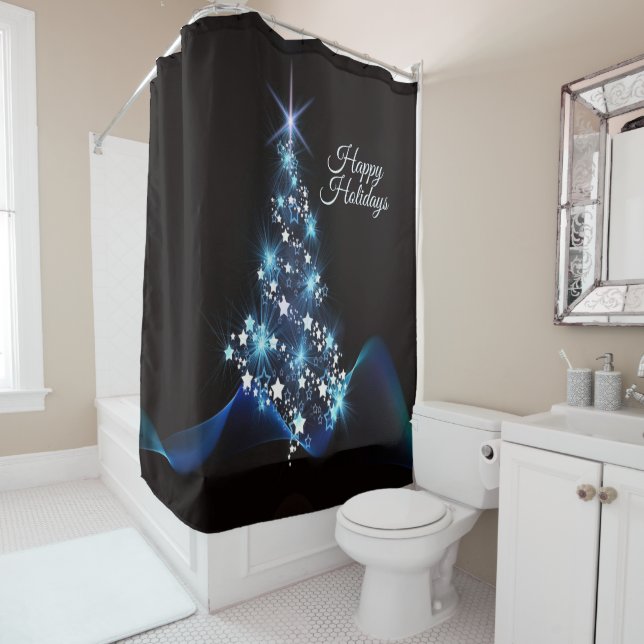 Rideaux De Douche Christmas Party Blue Tree Shiny Black Elegant (En situation)