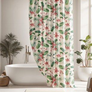 Rideaux De Douche Christmas Poinsettia Holly Motif