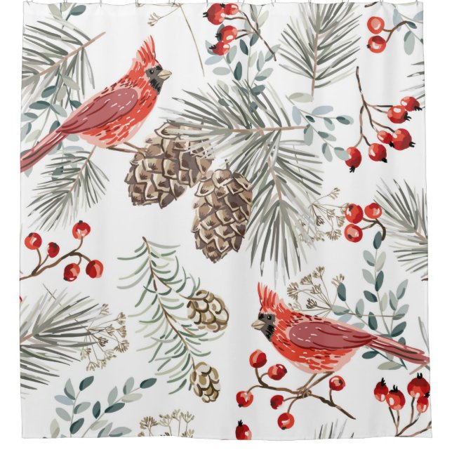 Rideaux De Douche Christmas seamless pattern, cardinal birds, red be (Devant)