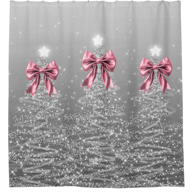 Rideaux De Douche Christmas Sparkling Trees Silver Faux Pink Bow  (Devant)