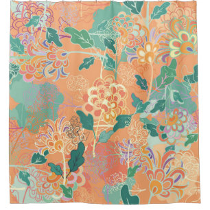 Rideaux De Douche Chrysanthème chinois : motif orange floral.