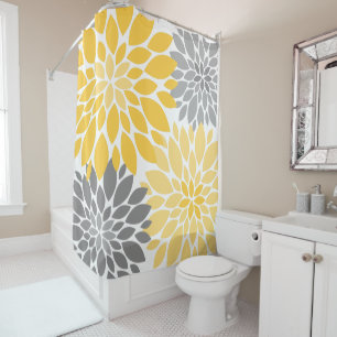 Rideaux De Douche Chrysanthèmes jaunes et gris Motif floral
