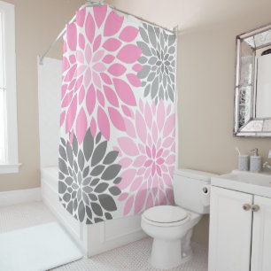 Rideaux De Douche Chrysanthèmes roses et gris Motif floral