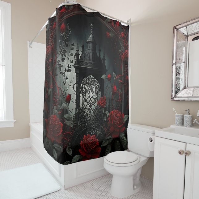 Rideaux De Douche Cimetière gothique Jardin Rose avec Rouge et Noir (En situation)