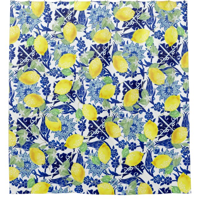 Rideaux De Douche Citrons champêtre et carreaux floraux bleus (Devant)
