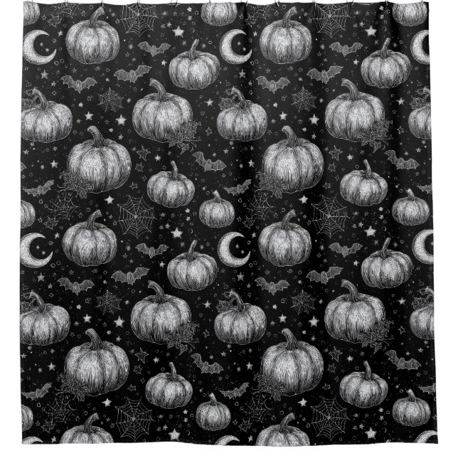 Rideaux De Douche Citrouille d'Halloween noir et blanc, chauve-souri (Devant)