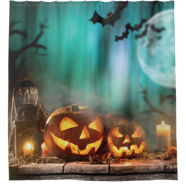 Rideaux De Douche Citrouilles d'Halloween et chauves-souris (Devant)