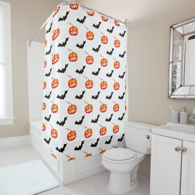 Rideaux De Douche Citrouilles et chauves-souris d'Halloween, Trou ou (En situation)