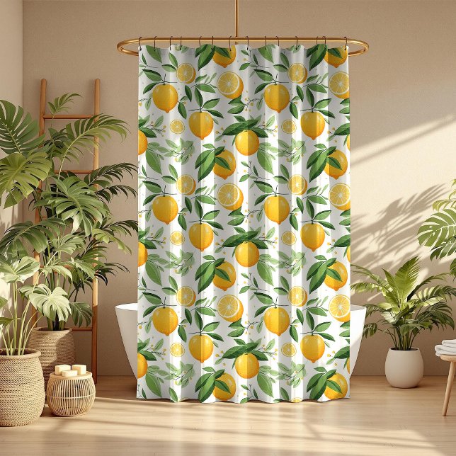Rideaux De Douche Citrus méditerranéen (Mediterranean Citrus Lemon Shower Curtain in a boho mocha bathroom with tropical botanicals)