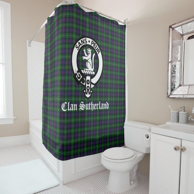 Rideaux De Douche Clan Sutherland Crest Badge et Tartan (En situation)