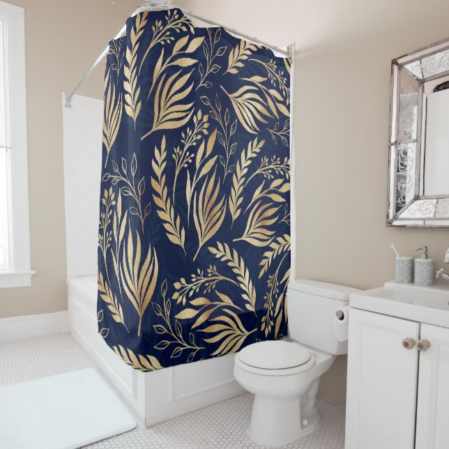 Rideaux De Douche Classy Gold Foliage Botanique Bleu Design (En situation)