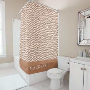 Rideaux De Douche Clé grecque blanche et en terre cuite Monogramme d