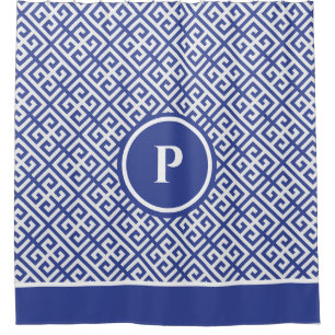 Rideaux De Douche Clé grecque bleue et blanche Monogramme