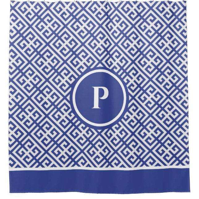 Rideaux De Douche Clé grecque bleue et blanche Monogramme (Devant)