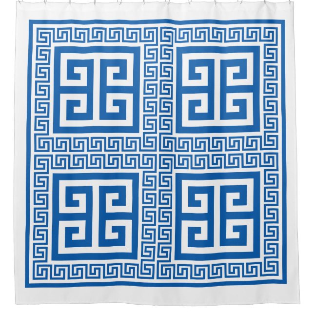 Rideaux De Douche Clé grecque Motif bleu et blanc (Devant)