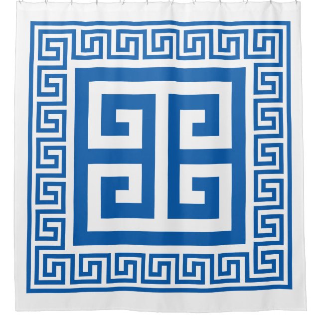 Rideaux De Douche Clé grecque Motif bleu et blanc (Devant)