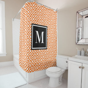 Rideaux De Douche Clé grecque orange vif noir et blanc monogramme