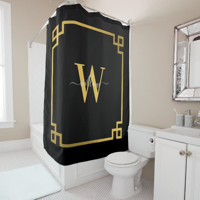 Rideaux De Douche Clé grecque rose noir et or Monogramme (En situation)