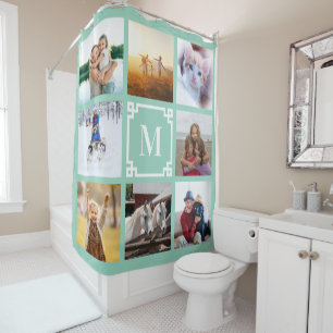 Rideaux De Douche Clé grecque Turquoise légère Monogramme 8 Collage