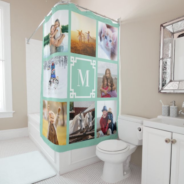 Rideaux De Douche Clé grecque Turquoise légère Monogramme 8 Collage  (En situation)