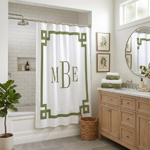 Rideaux De Douche Clé grecque vert olive et blanc Monogrammé