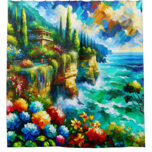 Rideaux De Douche "Cliffside côtière aux fleurs vibrantes"