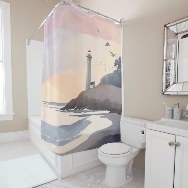 Rideaux De Douche Coastal Lighthouse | Beach Watercolor Painting (En situation)
