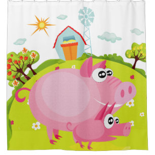 Rideaux De Douche Cochons sur la ferme avec grange de foin
