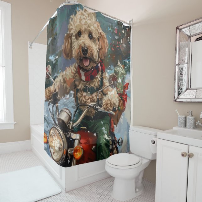 Rideaux De Douche Cockapoo Chien chevauchant la moto Noël (En situation)