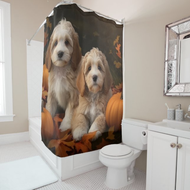 Rideaux De Douche Cockapoo Puppy Citrouille d'automne (En situation)