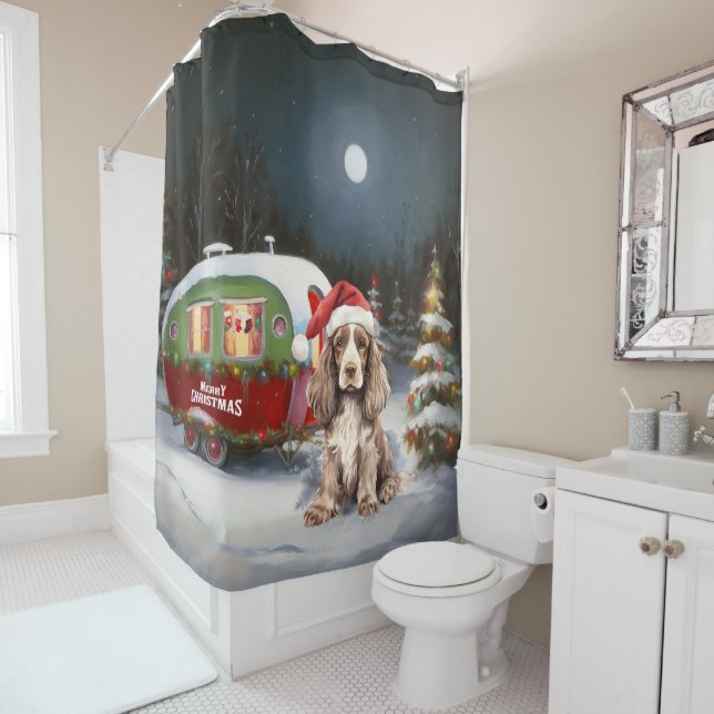 Rideaux De Douche Cocker d'hiver Spaniel Caravan Christmas Adventure (En situation)