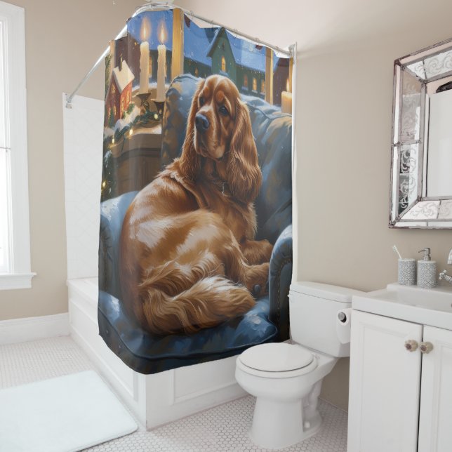 Rideaux De Douche Cocker Spaniel avec les lumières de Noël (En situation)