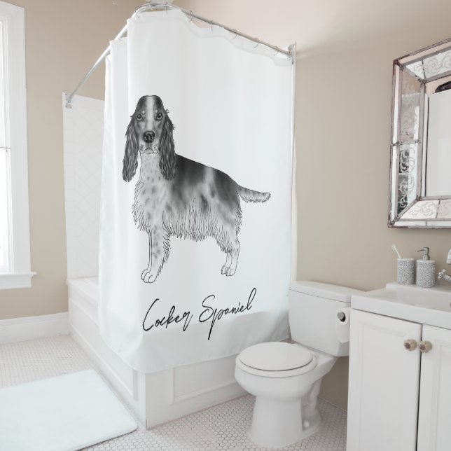 Rideaux De Douche Cocker Spaniel En Noir Et Blanc & Texte Personnali (En situation)