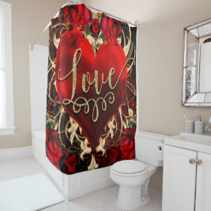 Rideaux De Douche Cœur d'amour pailleté or & Roses rouges romantique