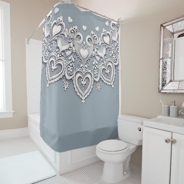 Rideaux De Douche Coeurs de dentelle blanche Charme romantique Bleu  (En situation)