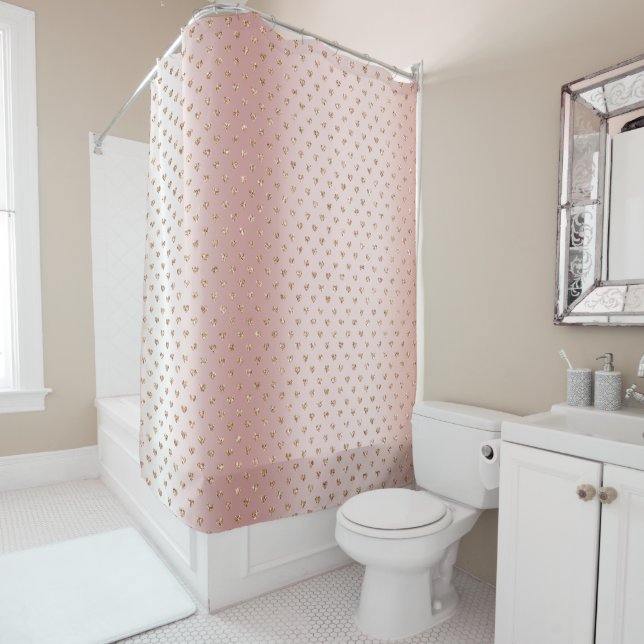Rideaux De Douche Coeurs de Parties scintillant or Rose Blush (En situation)