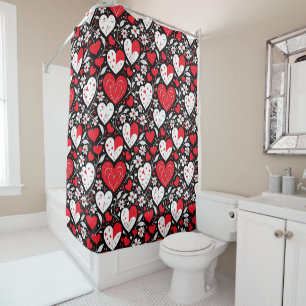 Rideaux De Douche Coeurs et fleurs rouges, noirs et blancs